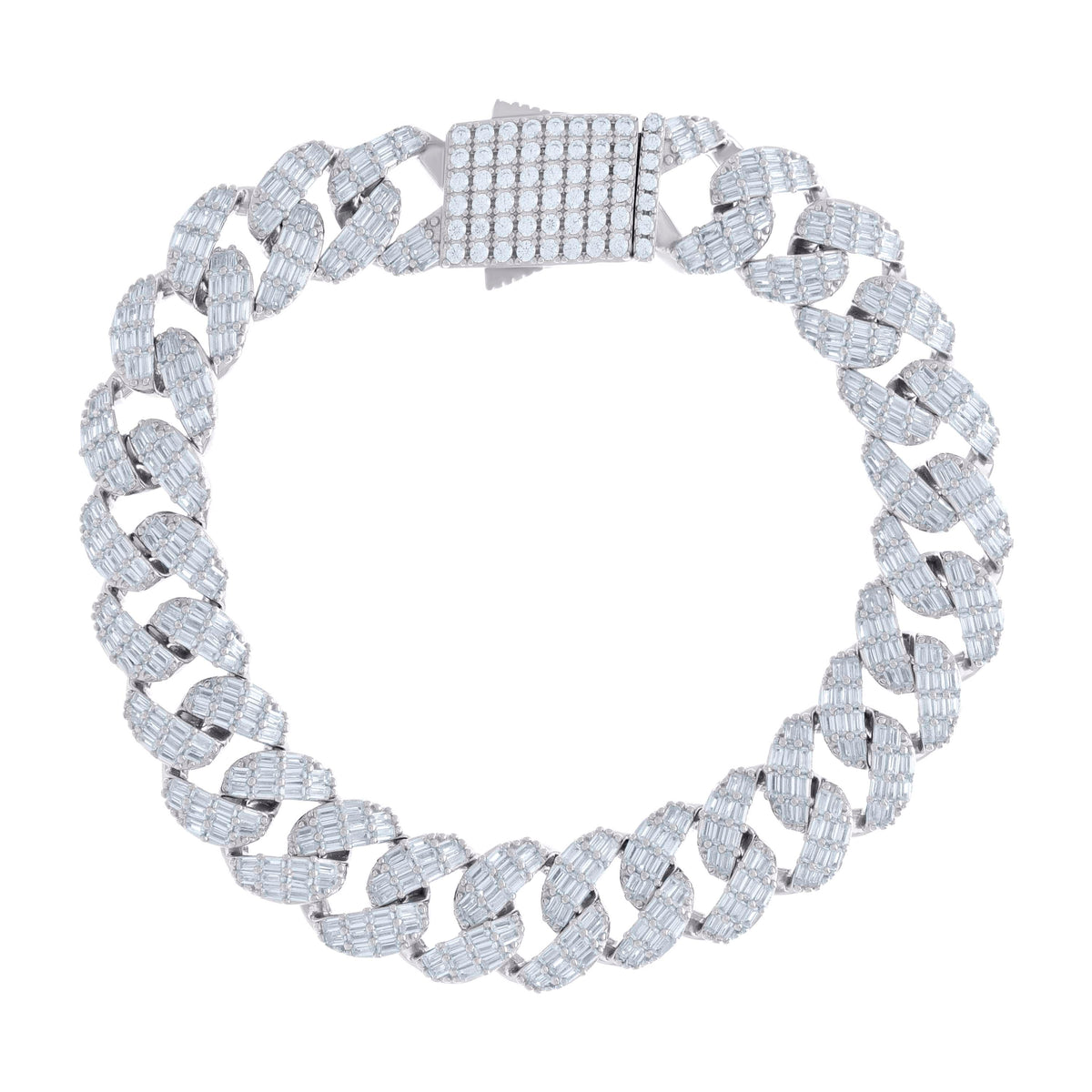 925 Sterling Silver Baguette Round Cubic-Zirconia Fancy Cuban Chain Bracelet Size 8 Inches