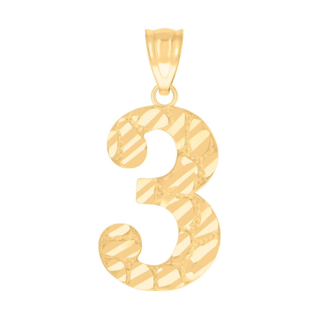 10K Yellow Gold Unisex Number 3 Nugget Charm Pendant