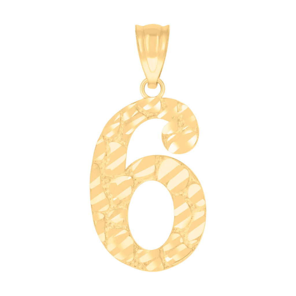 10K Yellow Gold Unisex Number 6 Nugget Charm Pendant
