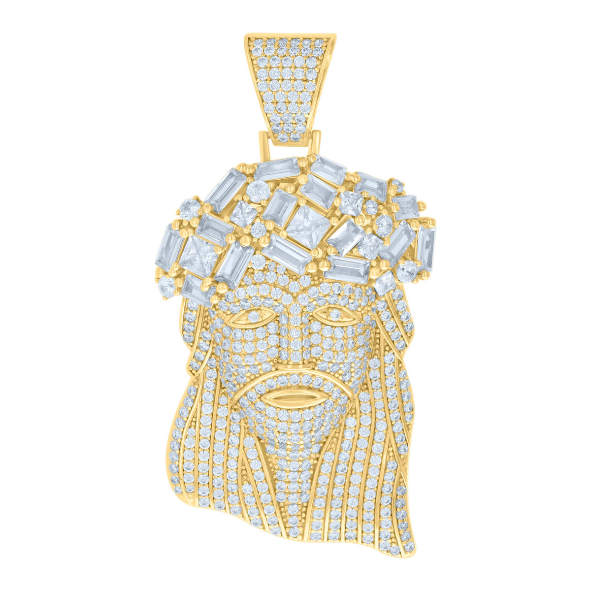 925 Sterling Silver Yellow-tone Mens Baguette Round Cubic-Zirconia Jesus Religious Charm Pendant