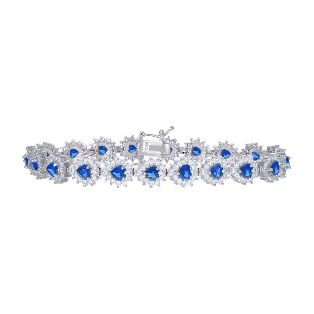 925 Sterling Silver Womens Blue White Cubic-Zirconia Heart Link Fashion Bracelet Size 7 Inches