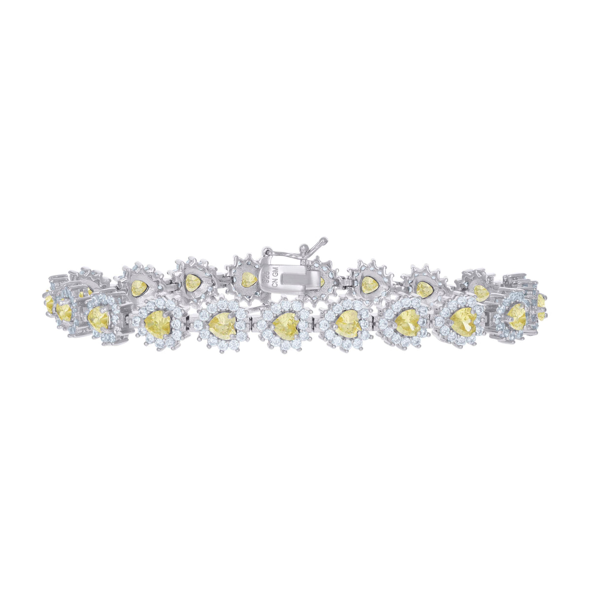 925 Sterling Silver Womens Yellow White Cubic-Zirconia Heart Link Fashion Bracelet Size 7 Inches