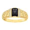 10K Yellow Gold Womens Black White Emerald Round Cubic-Zirconia Greek Key Sides Fashion Ring