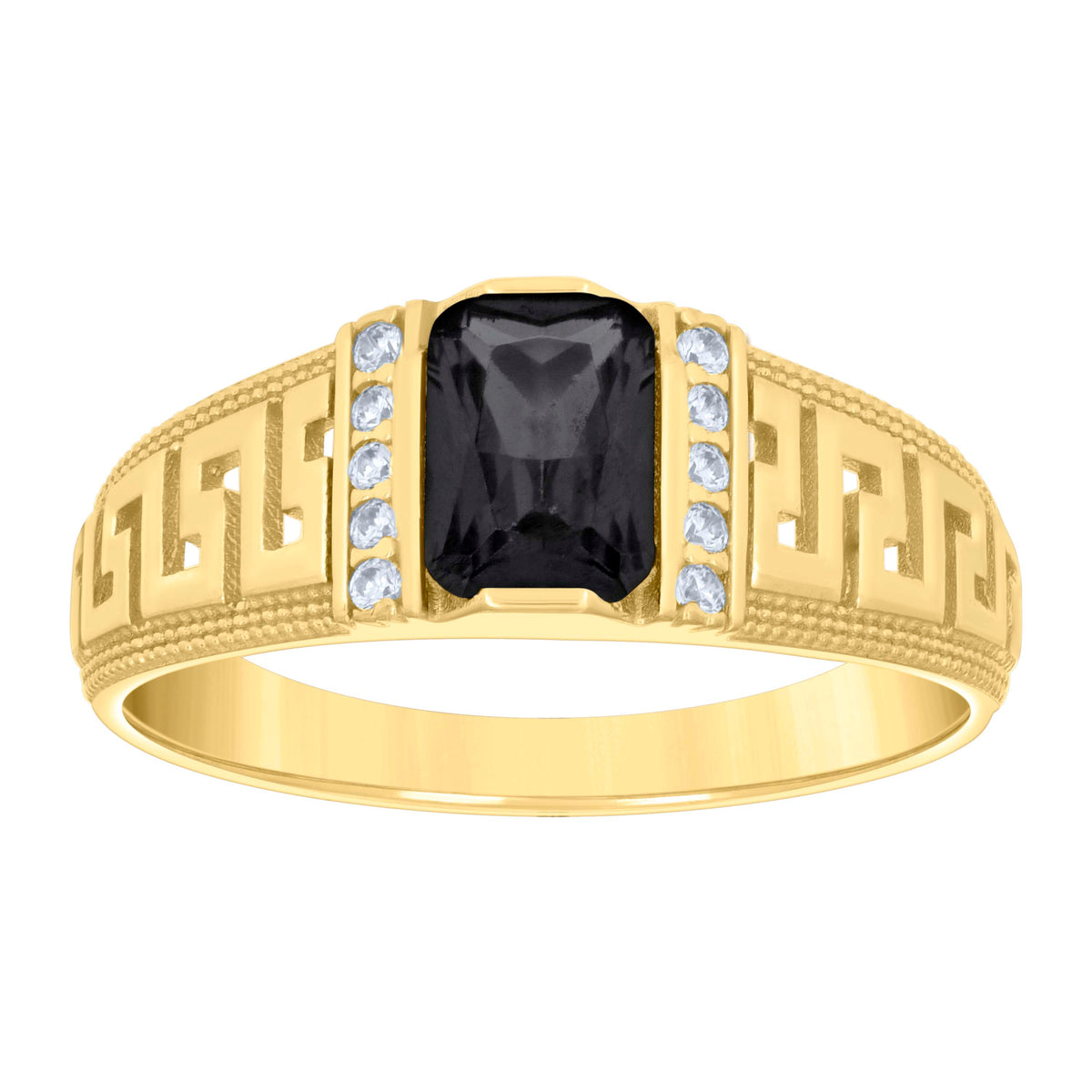 10K Yellow Gold Womens Black White Emerald Round Cubic-Zirconia Greek Key Sides Fashion Ring