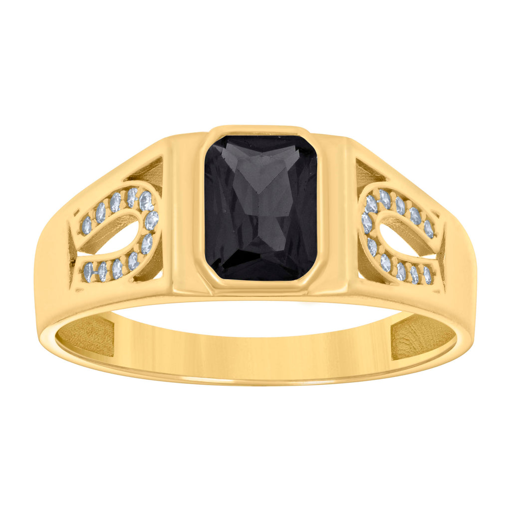 10K Yellow Gold Womens Black White Emerald Round Cubic-Zirconia Horseshoe Sides Fashion Ring