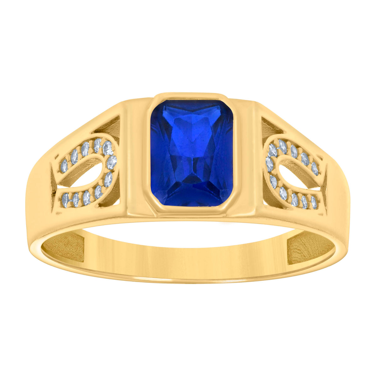 10K Yellow Gold Womens Blue White Emerald Round Cubic-Zirconia Horseshoe Sides Fashion Ring