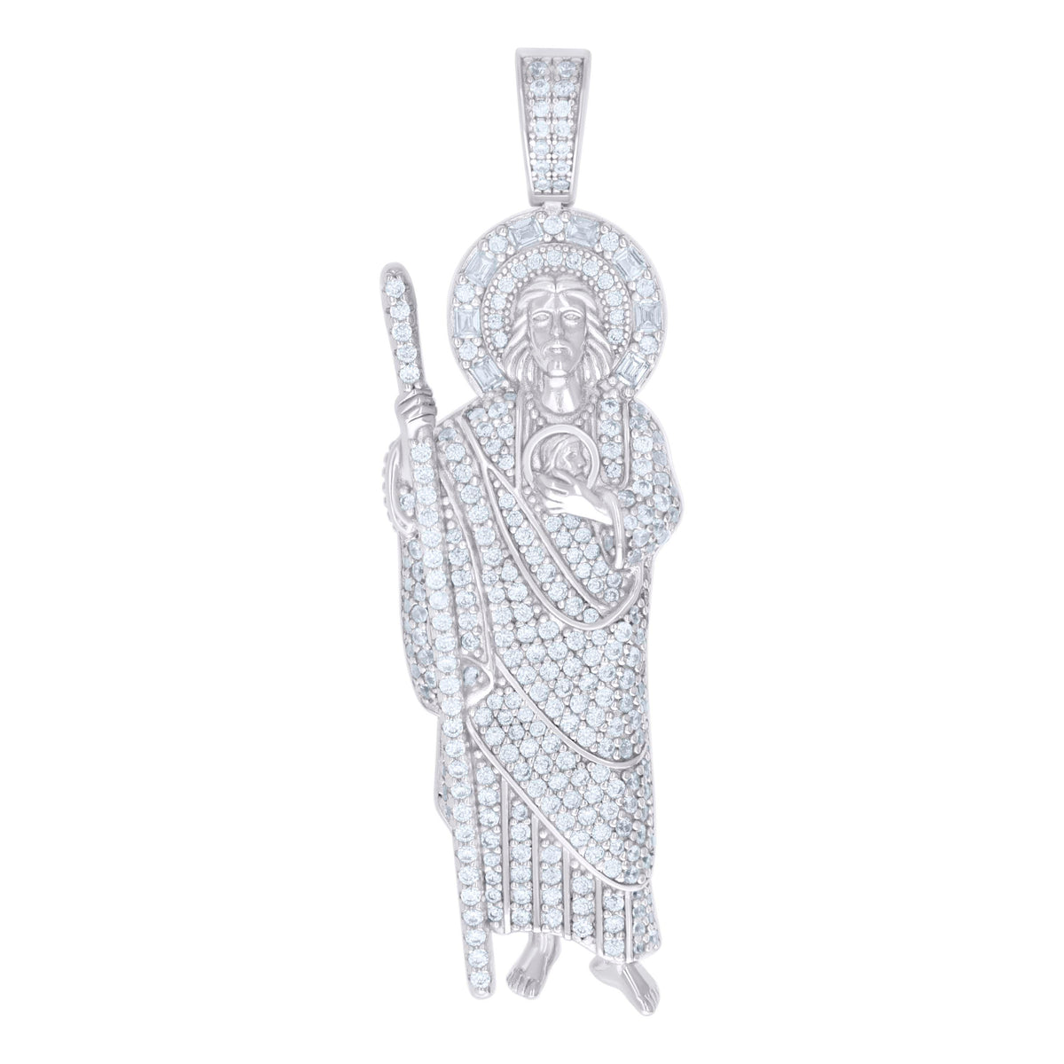925 Sterling Silver Mens Baguette 0.34ct Round 2.30ct Moissanite St. Jude Religious Charm Pendant