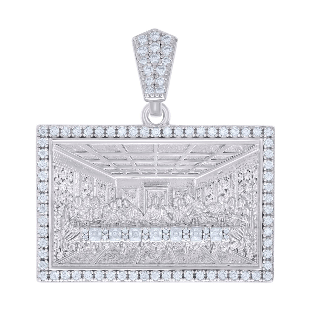 925 Sterling Silver Mens 1.22ct, 0.40ct Baguette Round Moissanite Last Supper Religious Pendant