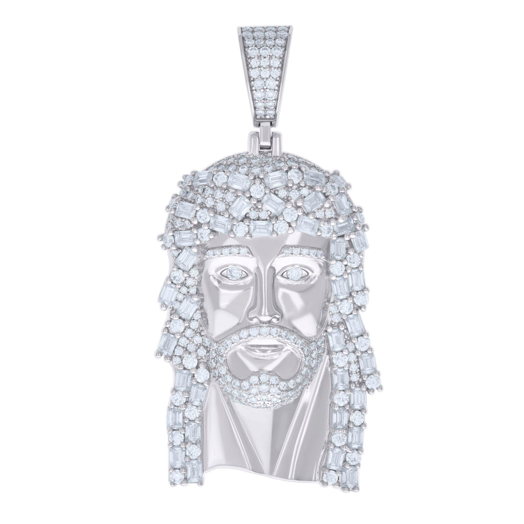 925 Sterling Silver Mens 3.01ct, 3.79ct Baguette Round Moissanite Jesus Religious Pendant