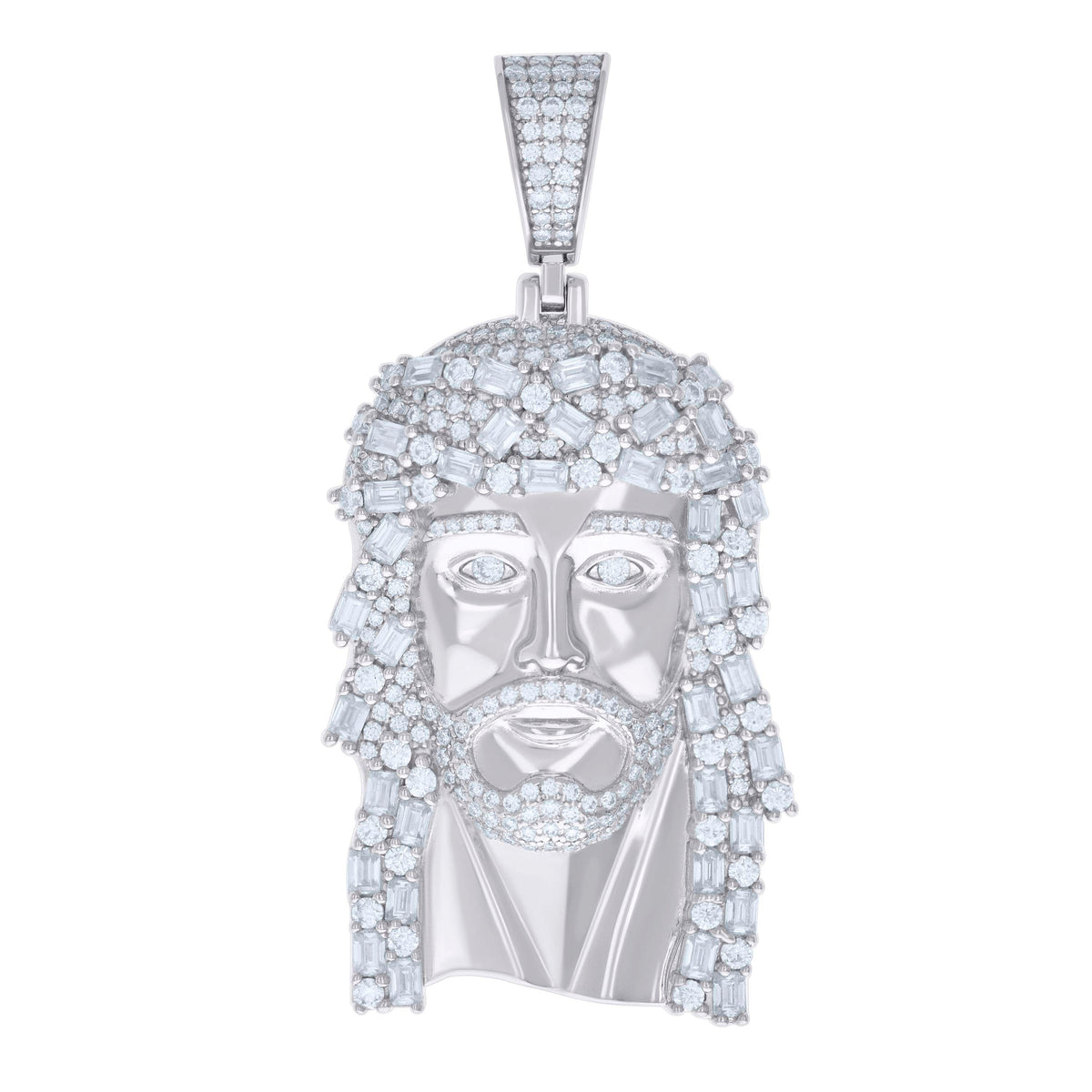 925 Sterling Silver Mens 3.01ct, 3.79ct Baguette Round Moissanite Jesus Religious Pendant