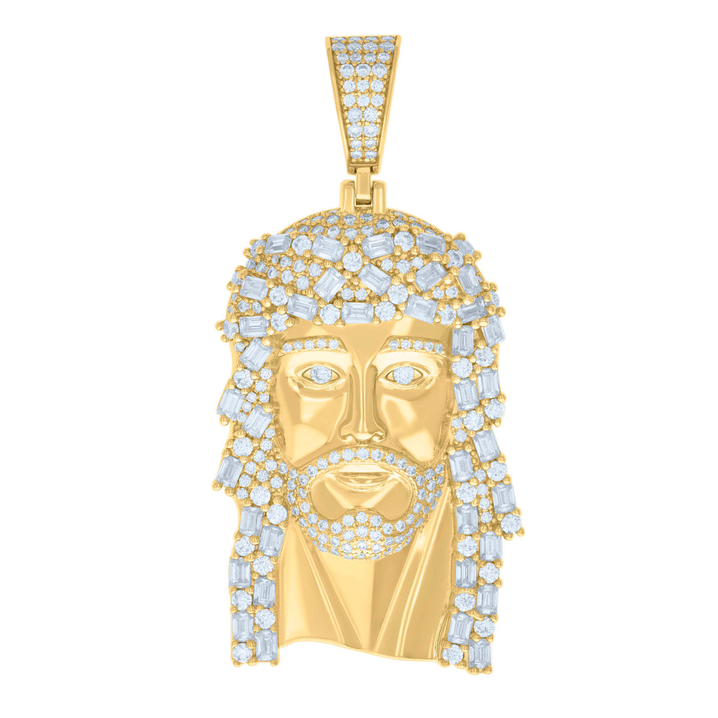 925 Sterling Silver Yellow-tone Mens 3.01ct, 3.79ct Baguette Round Moissanite Jesus Pendant