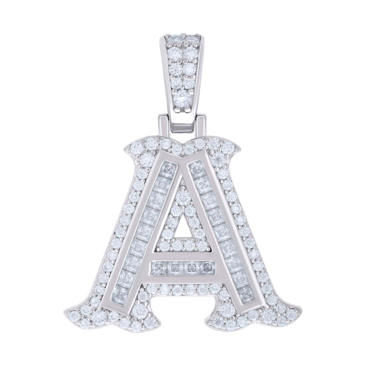 925 Sterling Silver Unisex Baguette Round Moissanite 0.59ct Initial Alphabet A Charm Pendant