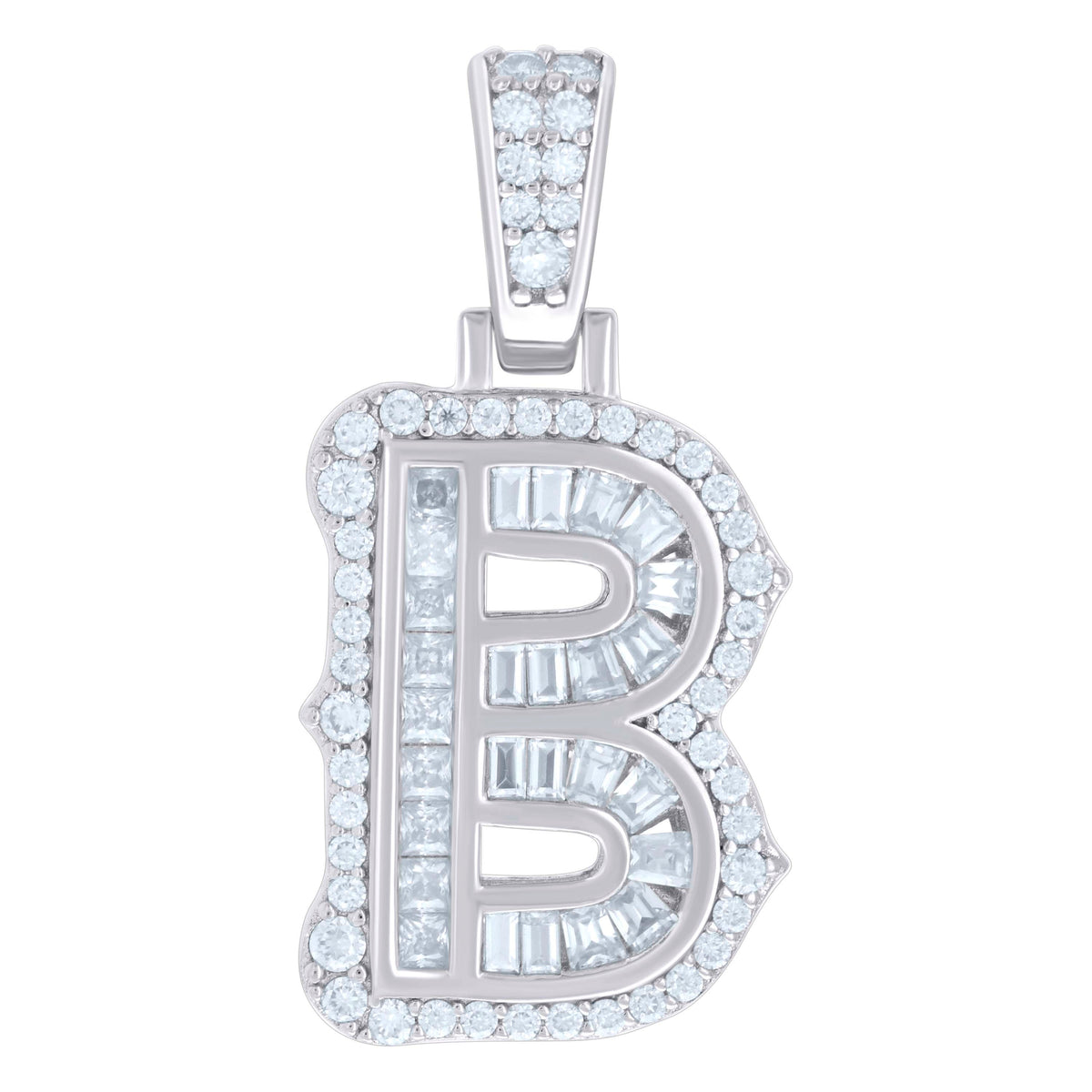 925 Sterling Silver Unisex Baguette Round Moissanite 0.42ct Initial Alphabet B Charm Pendant
