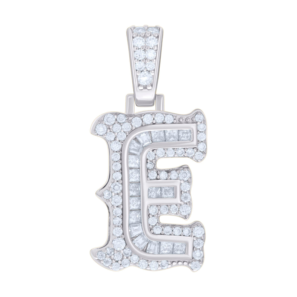 925 Sterling Silver Unisex Baguette Round Moissanite 0.54ct Initial Alphabet E Charm Pendant