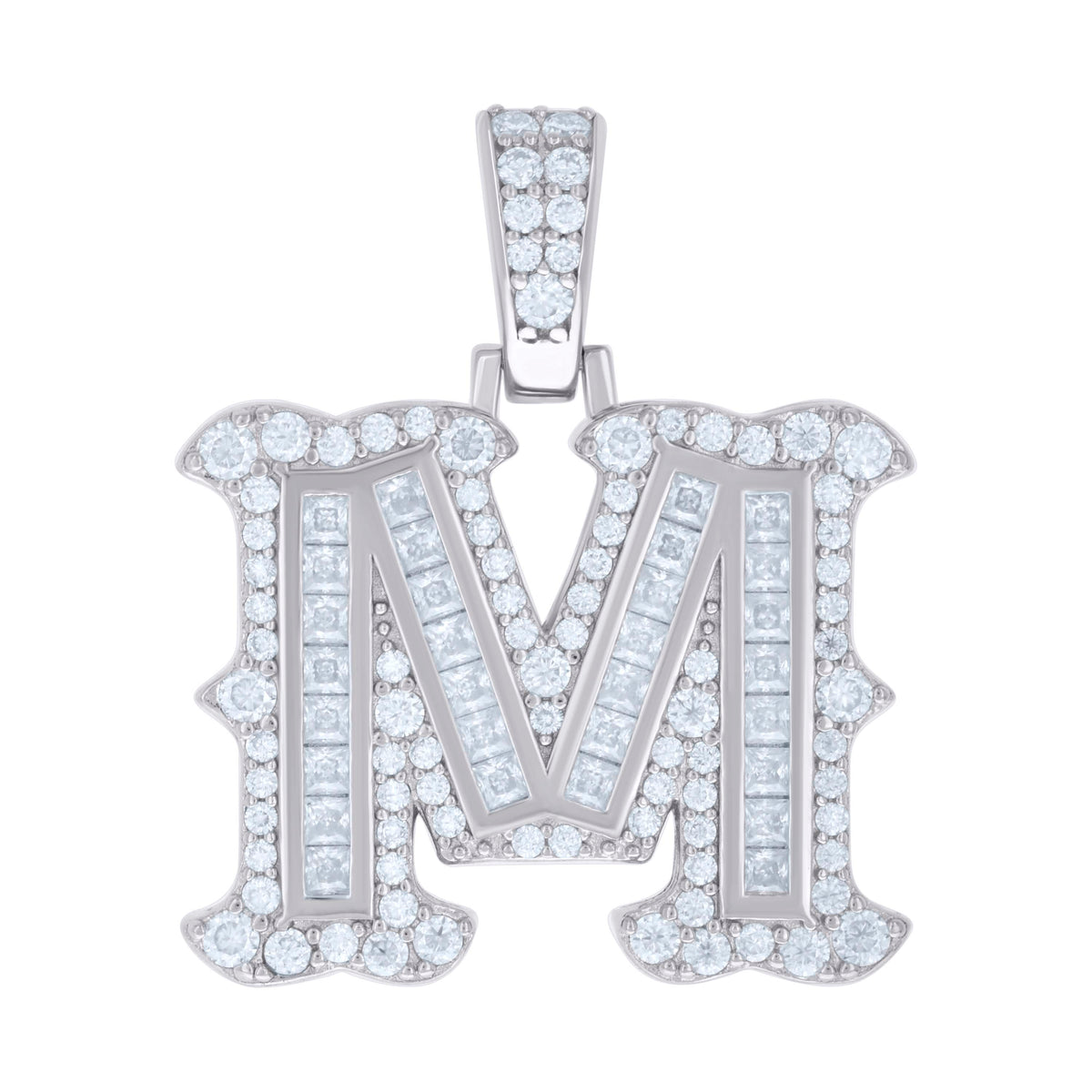925 Sterling Silver Unisex Baguette Round Moissanite 0.90ct Initial Alphabet M Charm Pendant