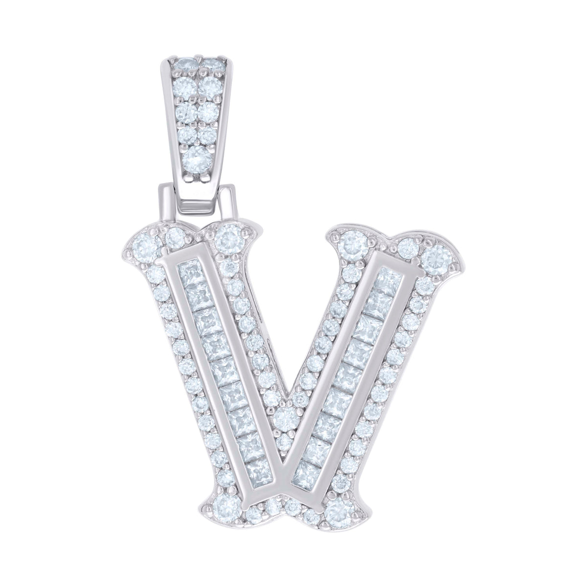 925 Sterling Silver Unisex Baguette Round Moissanite 0.61ct Initial Alphabet V Charm Pendant