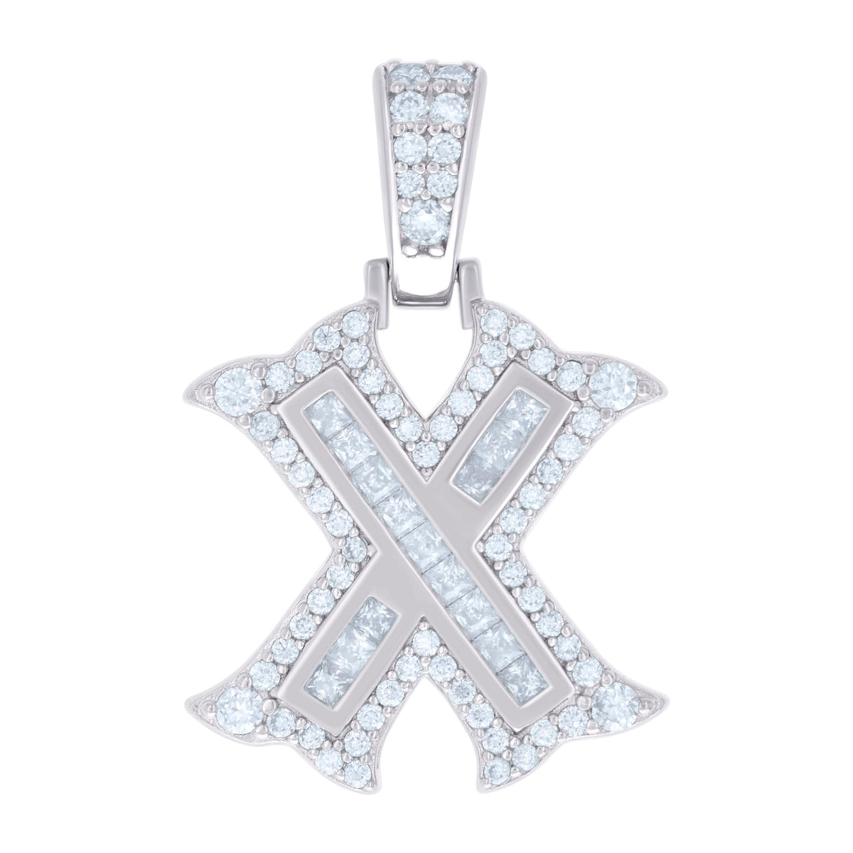 925 Sterling Silver Unisex Baguette Round Moissanite 0.57ct Initial Alphabet X Charm Pendant