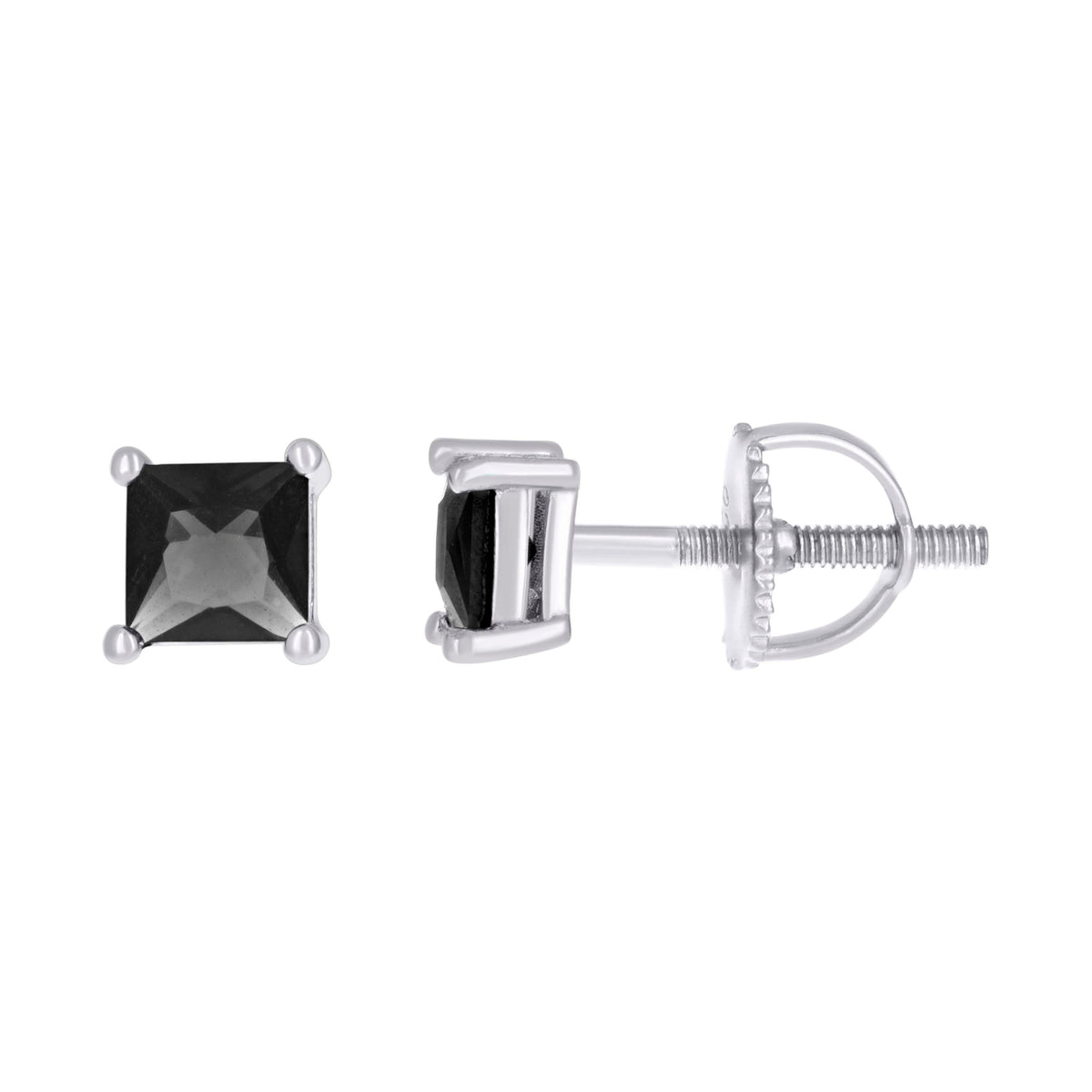 925 Sterling Silver Unisex Black Princess-Cut Cubic-Zirconia 4mm Square Solitaire Stud Earrings