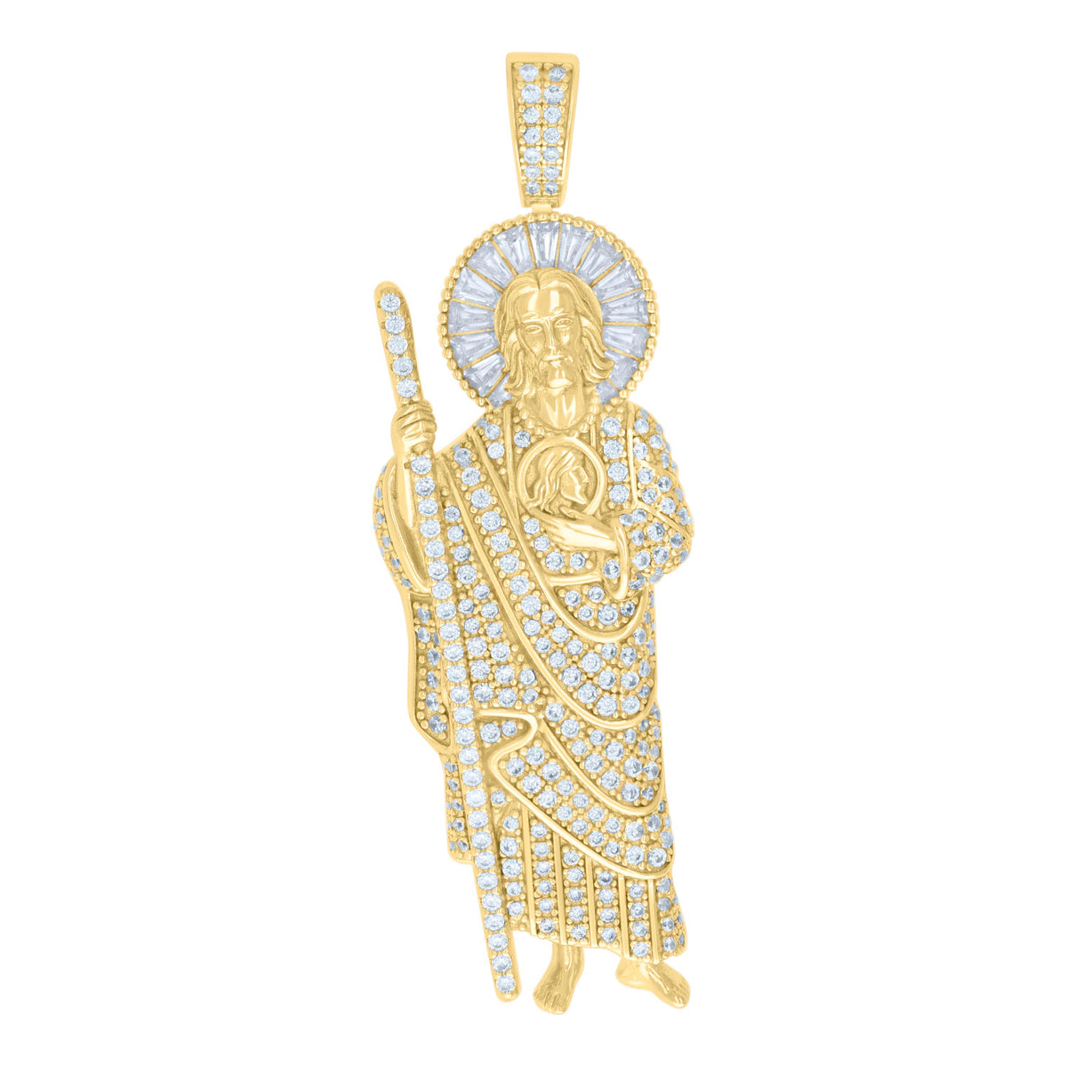 925 Sterling Silver Yellow-tone Mens Baguette Round Cubic-Zirconia St. Jude Religious Charm Pendant