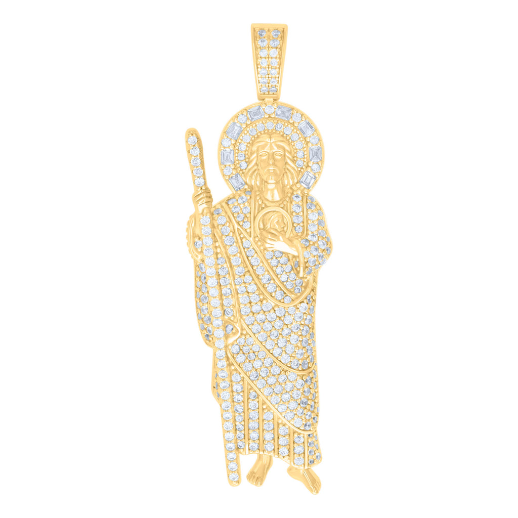 925 Sterling Silver Yellow-tone Mens Baguette Round Cubic-Zirconia St. Jude Religious Charm Pendant