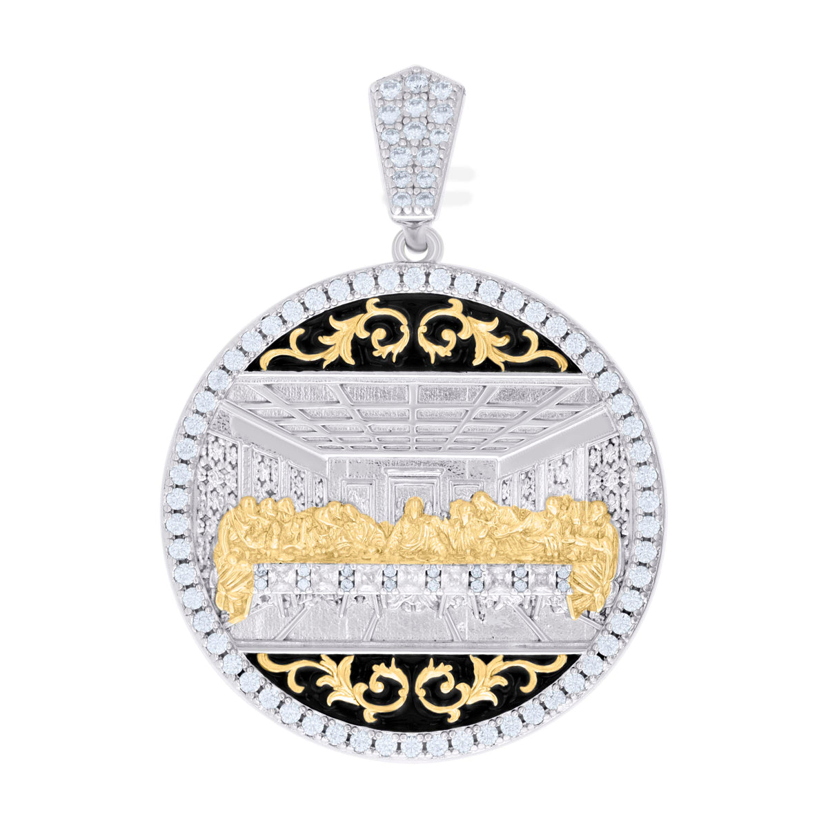 925 Sterling Silver Yellow-tone Mens Princess-Cut Round Cubic-Zirconia Last Supper Religious Charm Pendant