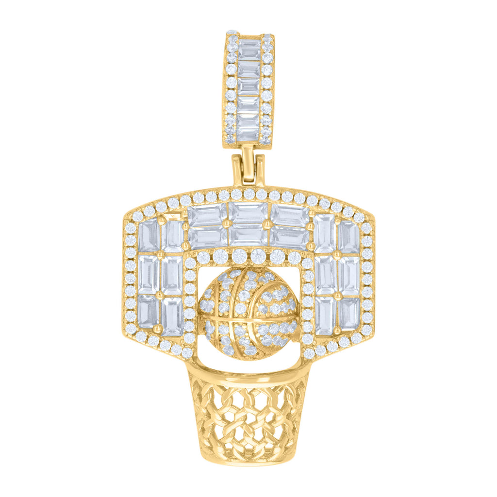 925 Sterling Silver Yellow-tone Mens Baguette Round Cubic-Zirconia Basket Ball Sports Charm Pendant