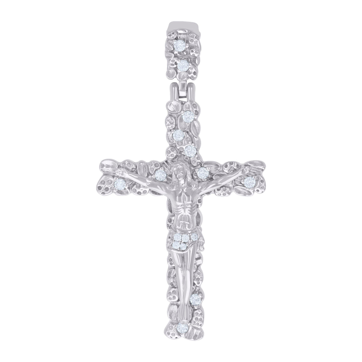 925 Sterling Silver Mens Cubic-Zirconia Nugget Crucifix Cross Religious Charm Pendant