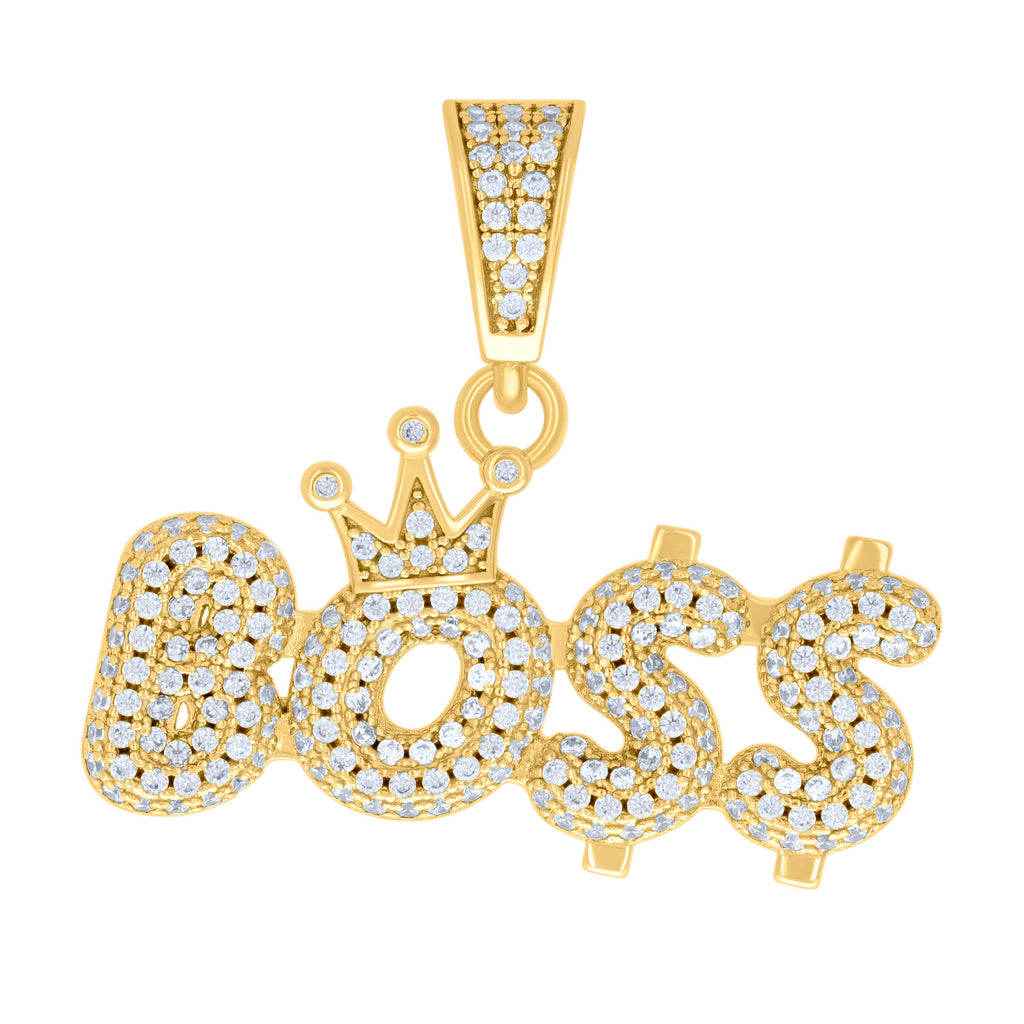 925 Sterling Silver Yellow-tone Mens Cubic-Zirconia Boss Fashion Talking Charm Pendant