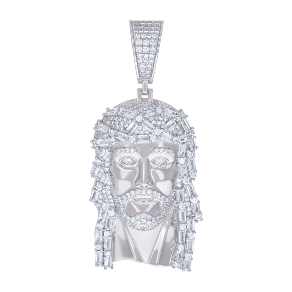 925 Sterling Silver Mens Baguette Round Cubic-Zirconia Jesus Religious Charm Pendant