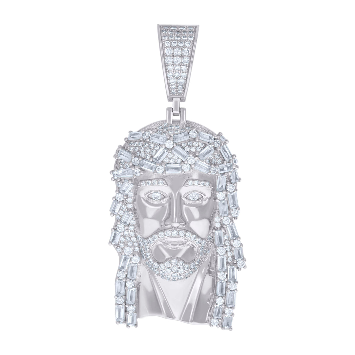 925 Sterling Silver Mens Baguette Round Cubic-Zirconia Jesus Religious Charm Pendant