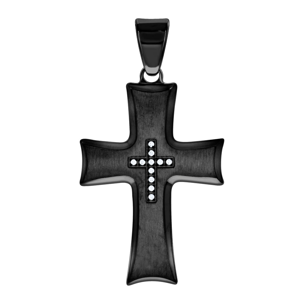 Stainless Steel Black-tone Mens Cubic-Zirconia Cross Religious Charm Pendant
