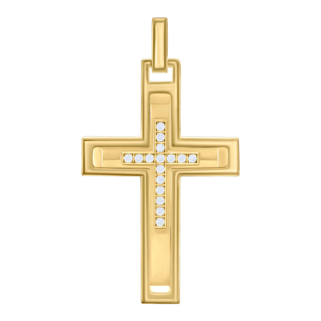 Stainless Steel Yellow-tone Mens Cubic-Zirconia Cross Religious Charm Pendant