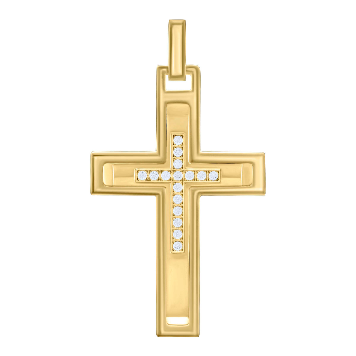Stainless Steel Yellow-tone Mens Cubic-Zirconia Cross Religious Charm Pendant