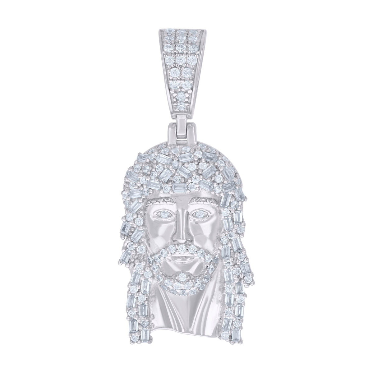 925 Sterling Silver Unisex Round Baguette Cubic-Zirconia Nuggets Jesus Religious Charm Pendant