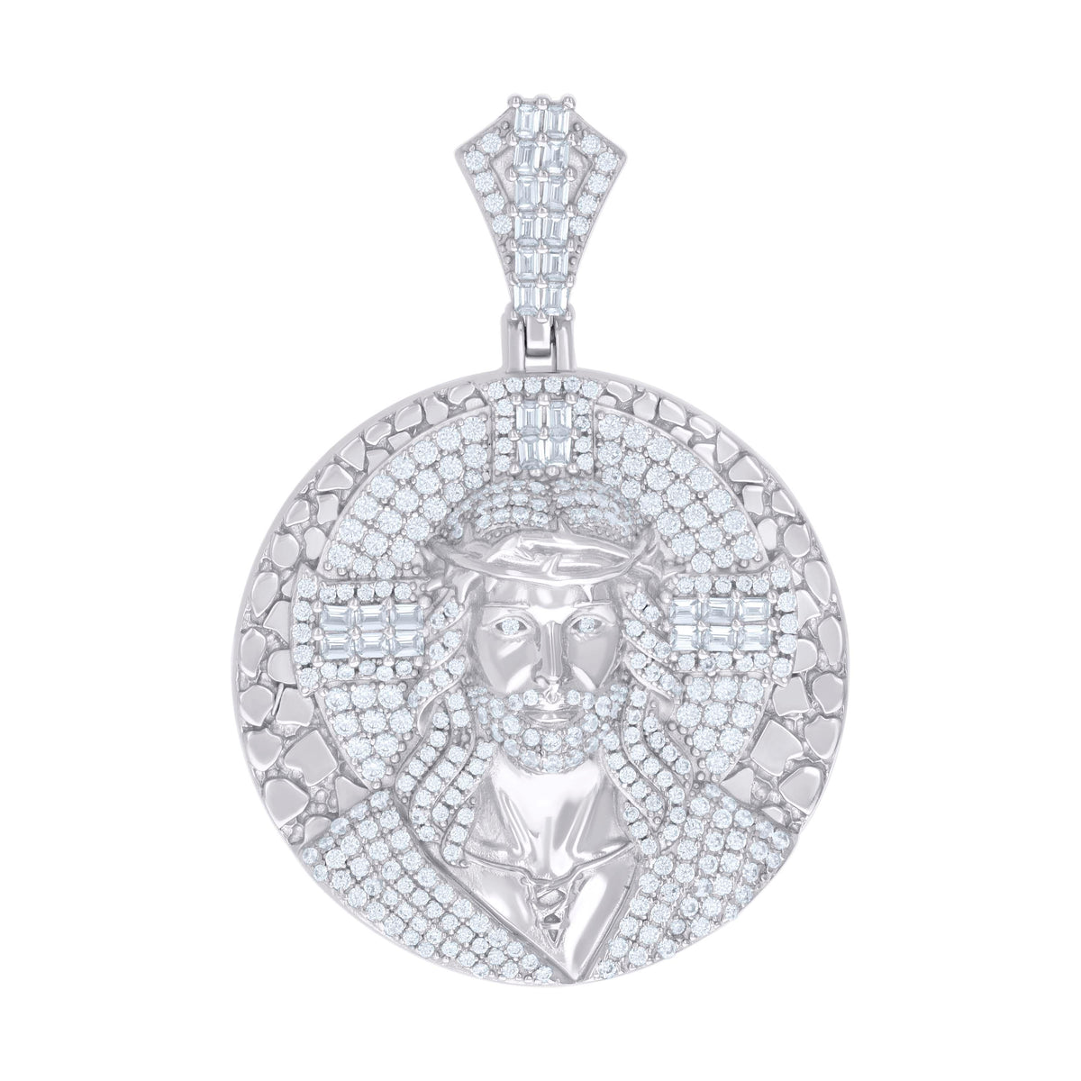925 Sterling Silver Unisex Round Baguette Cubic-Zirconia Nuggets Jesus Religious Charm Pendant
