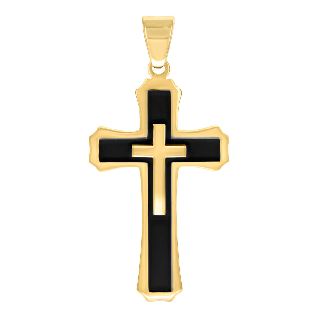 Stainless Steel Yellow Black-tone Mens Cross Religious Charm Pendant