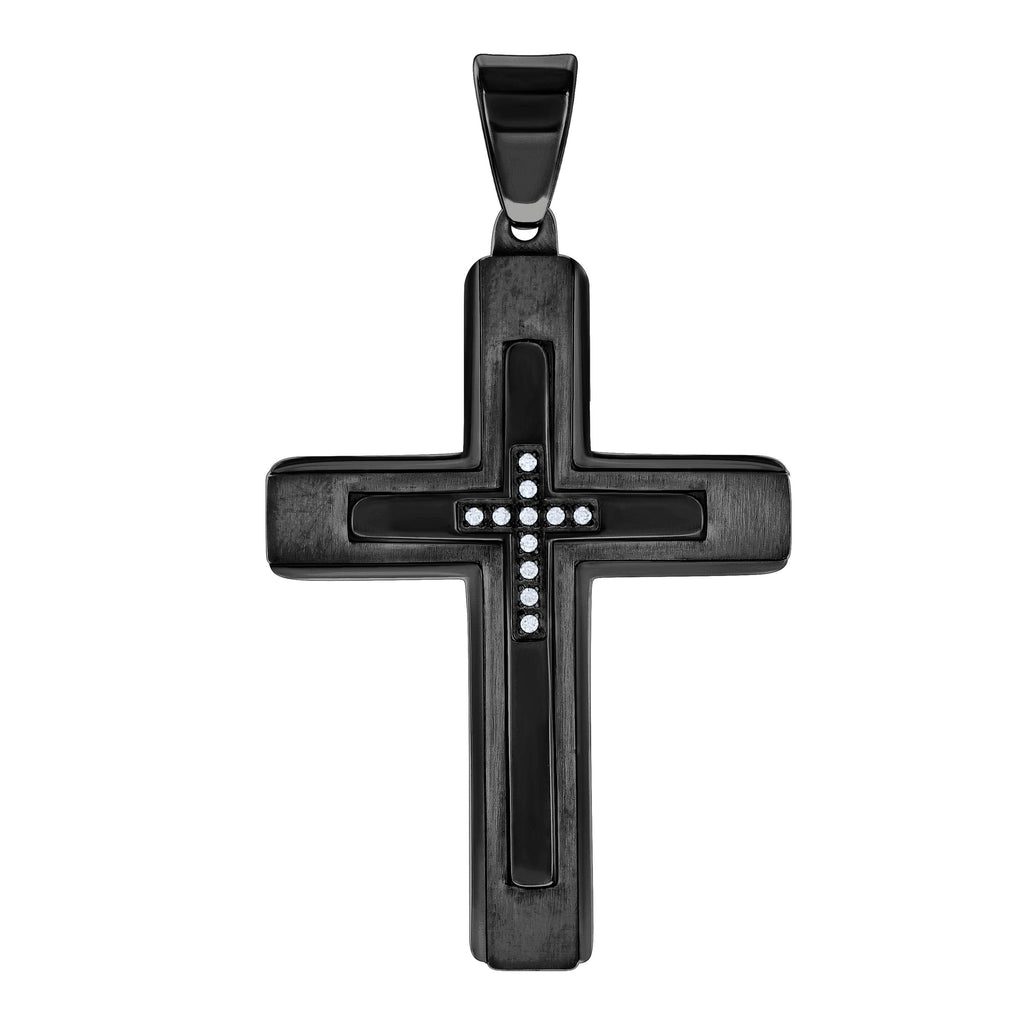 Stainless Steel Black-tone Mens Cubic-Zirconia Cross Religious Charm Pendant