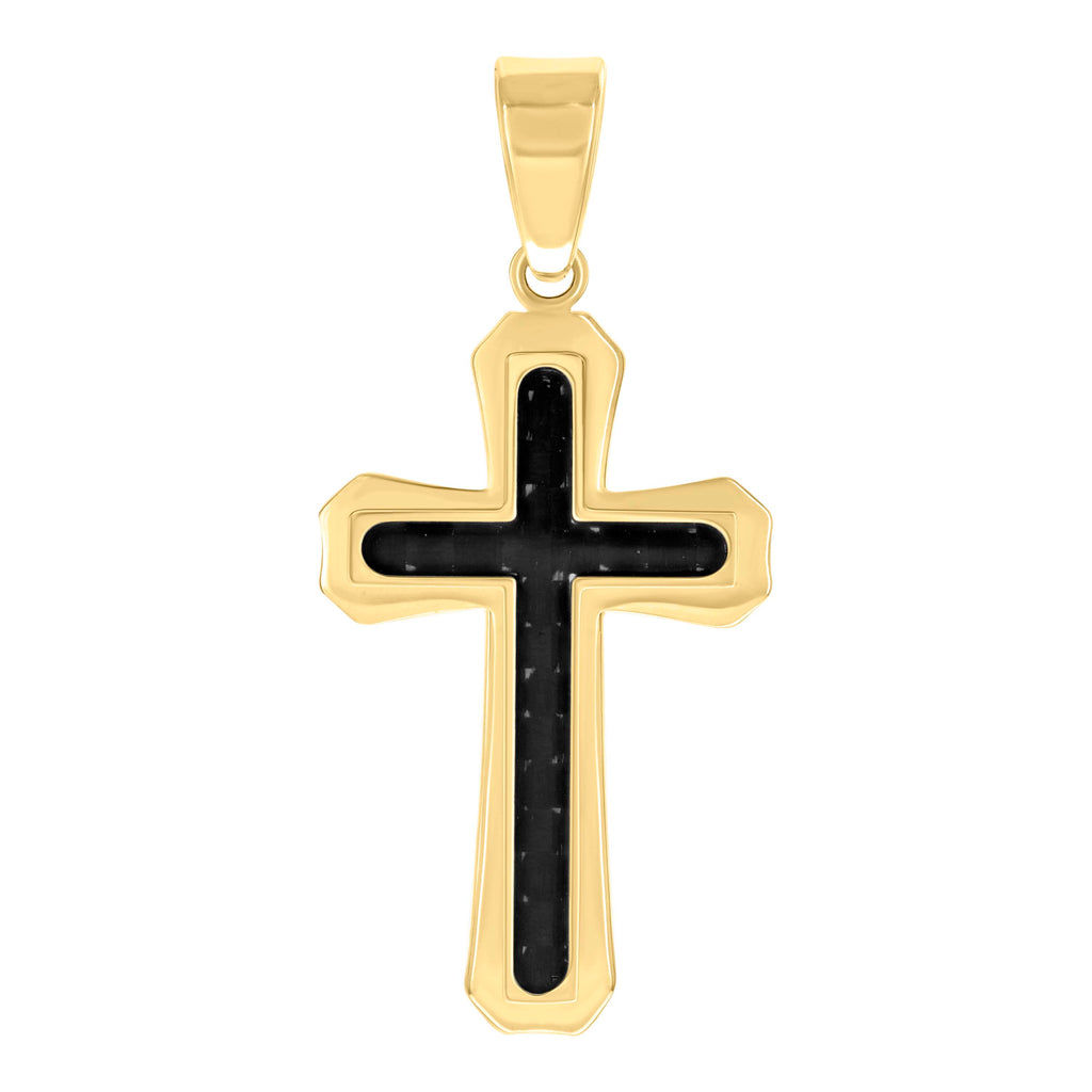 Stainless Steel Yellow Black-tone Mens Carbon Fiber Inlay Cross Religious Charm Pendant