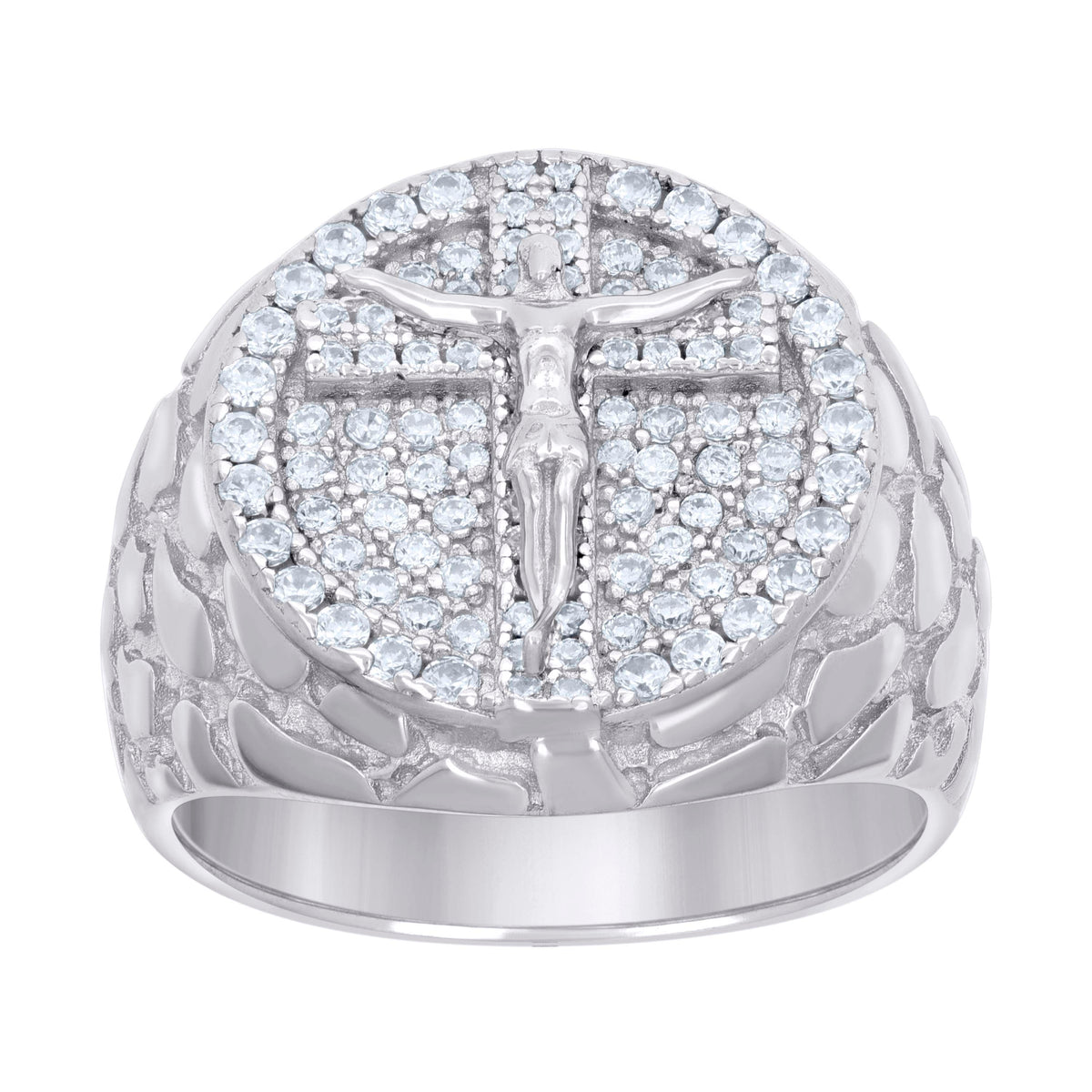 925 Sterling Silver Mens Cubic-Zirconia Crucifix Cross Religious Ring