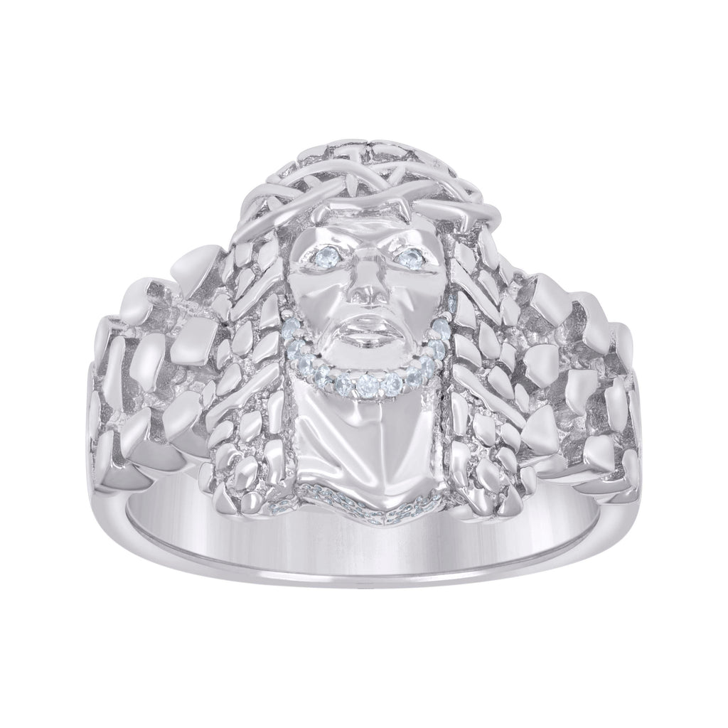 925 Sterling Silver Mens Cubic-Zirconia Nugget Jesus Religious Ring Size 9