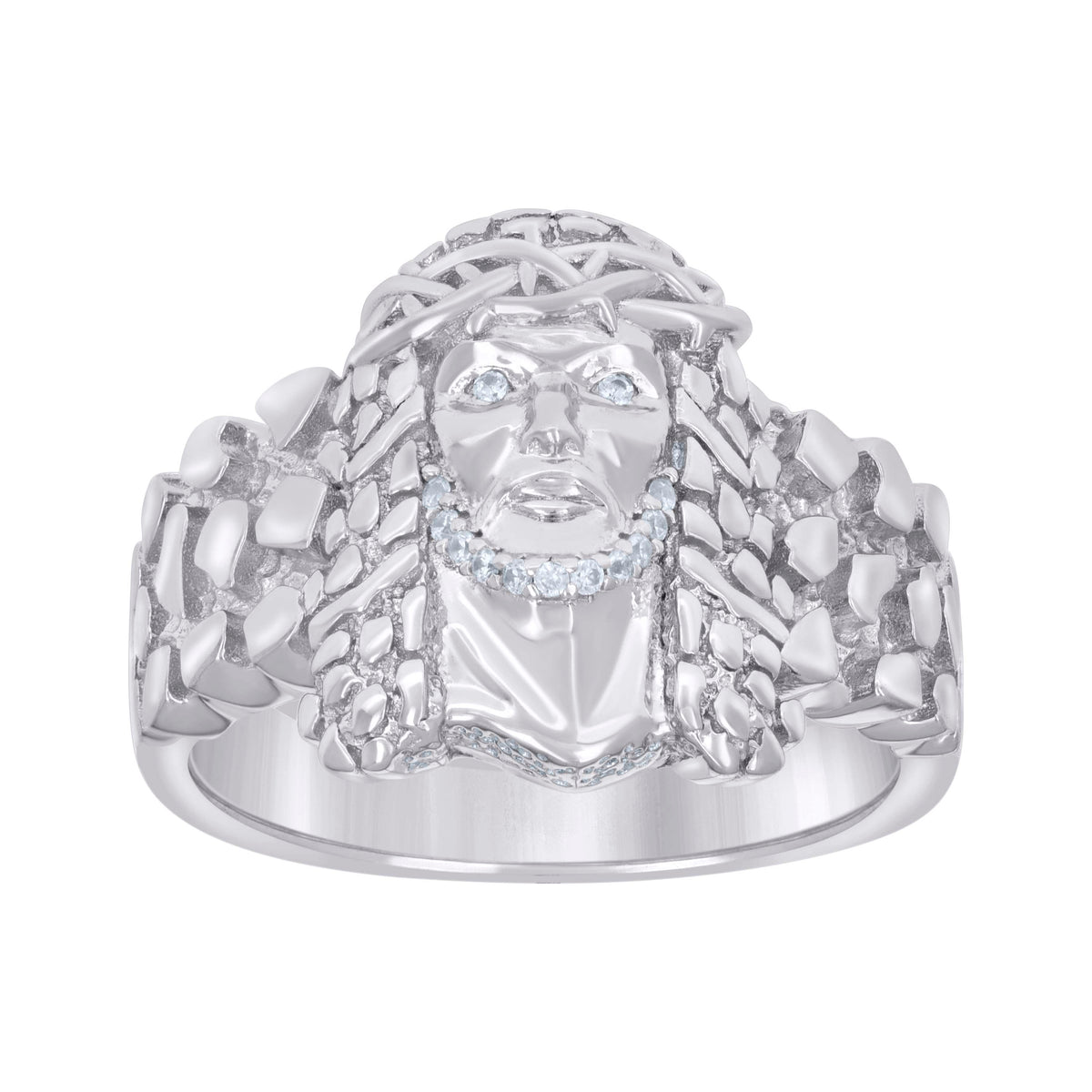 925 Sterling Silver Mens Cubic-Zirconia Nugget Jesus Religious Ring Size 11