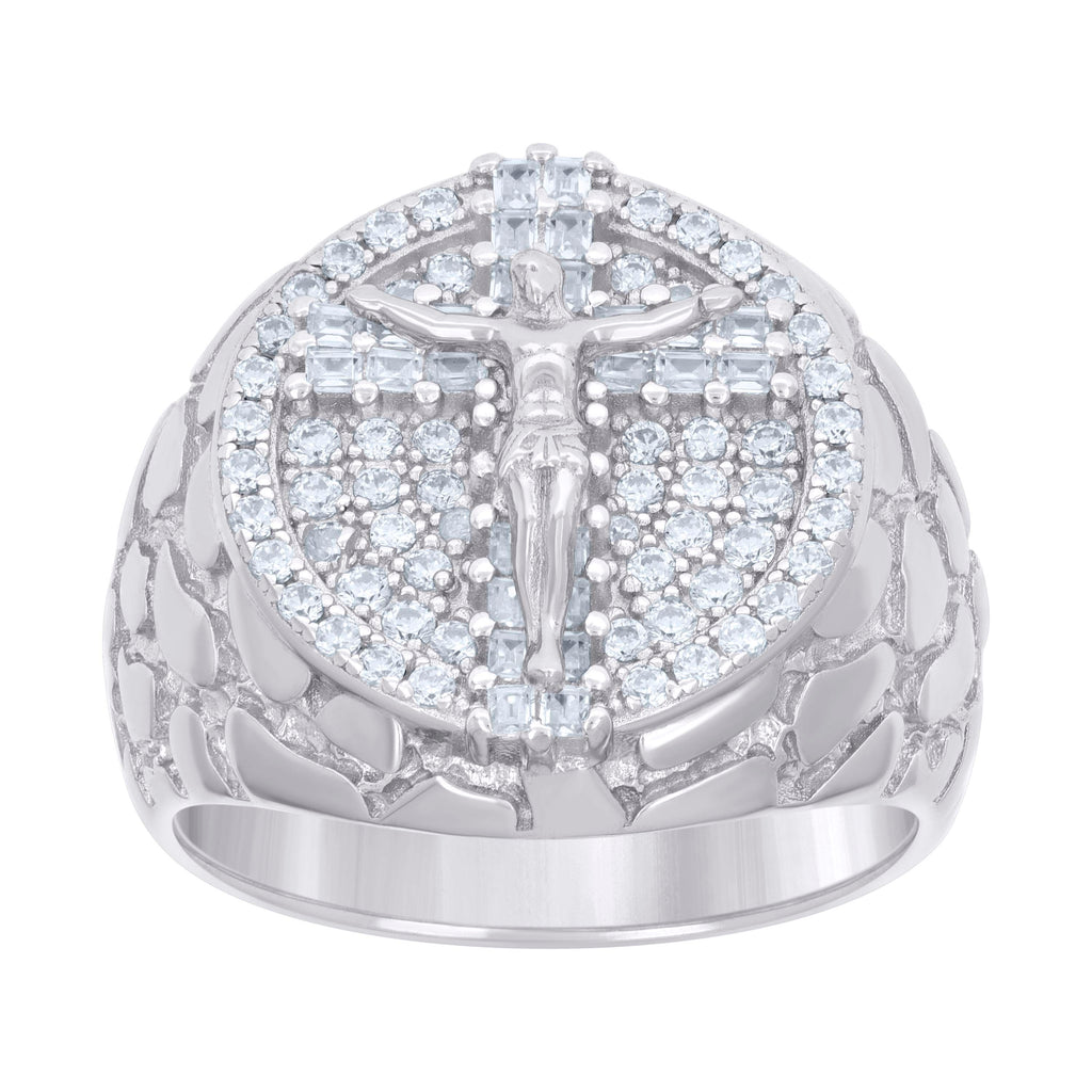 925 Sterling Silver Mens Baguette Round Cubic-Zirconia Nugget Crucifix Cross Religious Ring Size 11