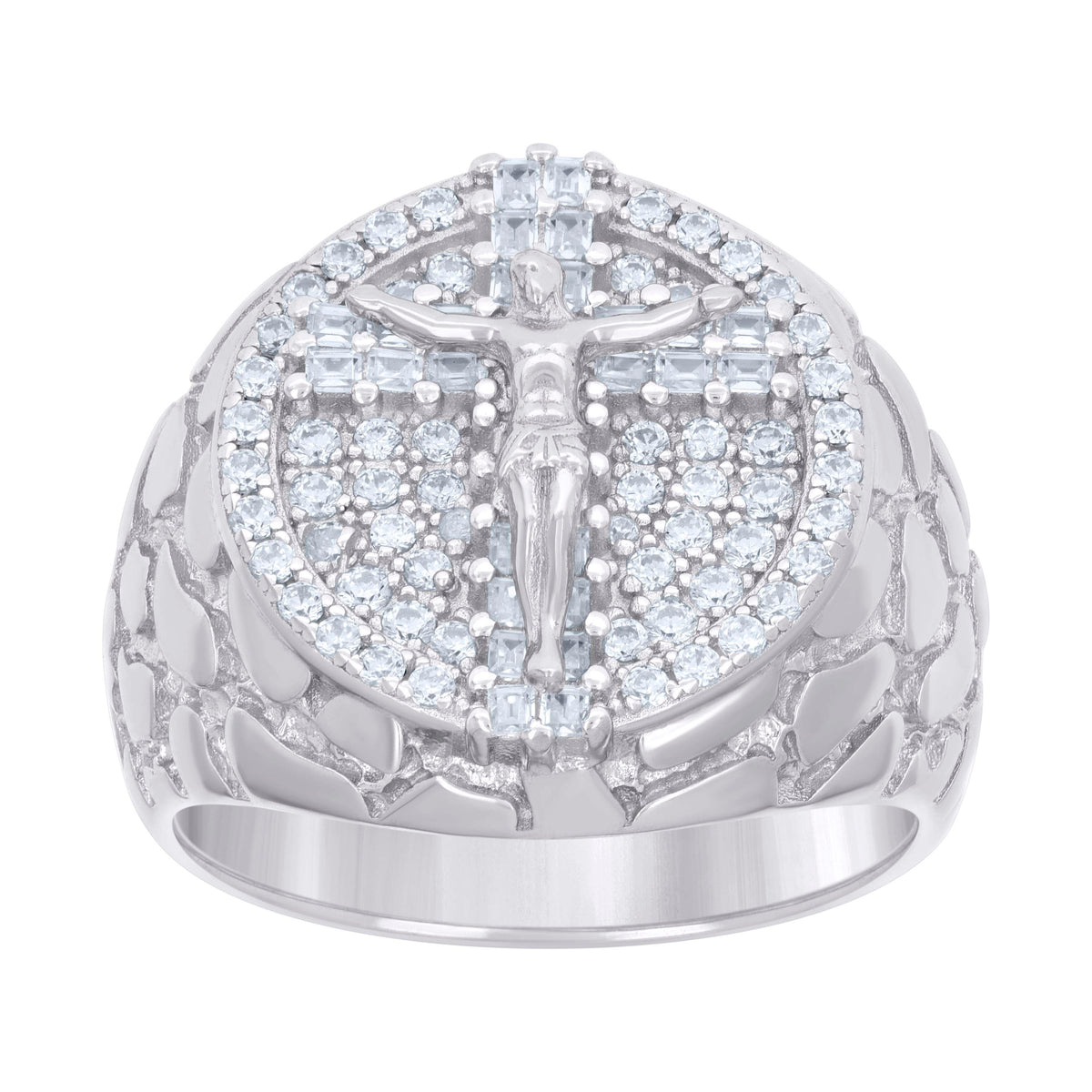 925 Sterling Silver Mens Baguette Round Cubic-Zirconia Nugget Crucifix Cross Religious Ring Size 11