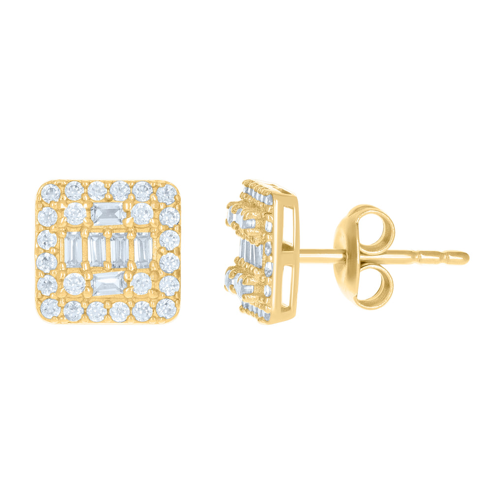10K Yellow Gold Womens Baguette Round Cubic-Zirconia Square Stud Earrings