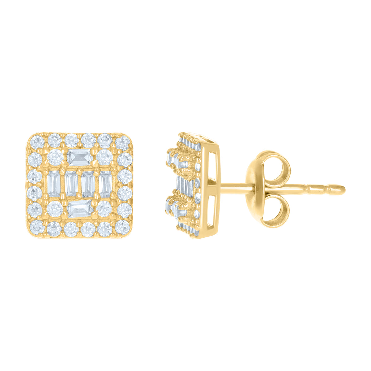 10K Yellow Gold Womens Baguette Round Cubic-Zirconia Square Stud Earrings
