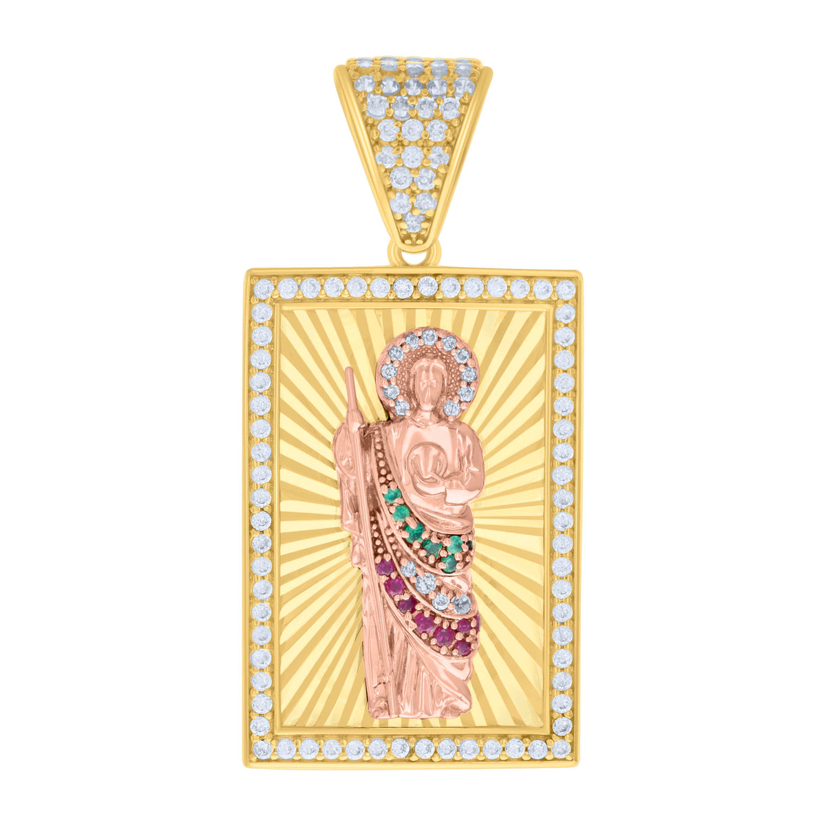 14K Two-tone Gold Mens Green/Pink White Cubic-Zirconia St. Jude Religious Charm Pendant