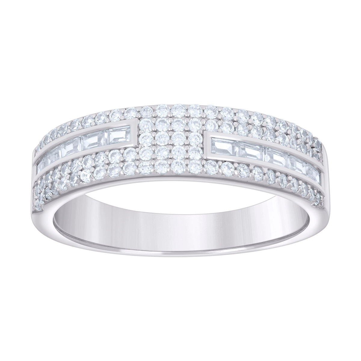 925 Sterling Silver Mens Baguette Round Cubic-Zirconia Fashion Wedding Band Ring Size 9