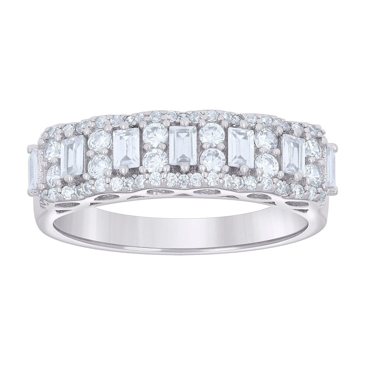 925 Sterling Silver Womens Baguette Round Cubic-Zirconia Fashion Wedding Band Ring Size 8