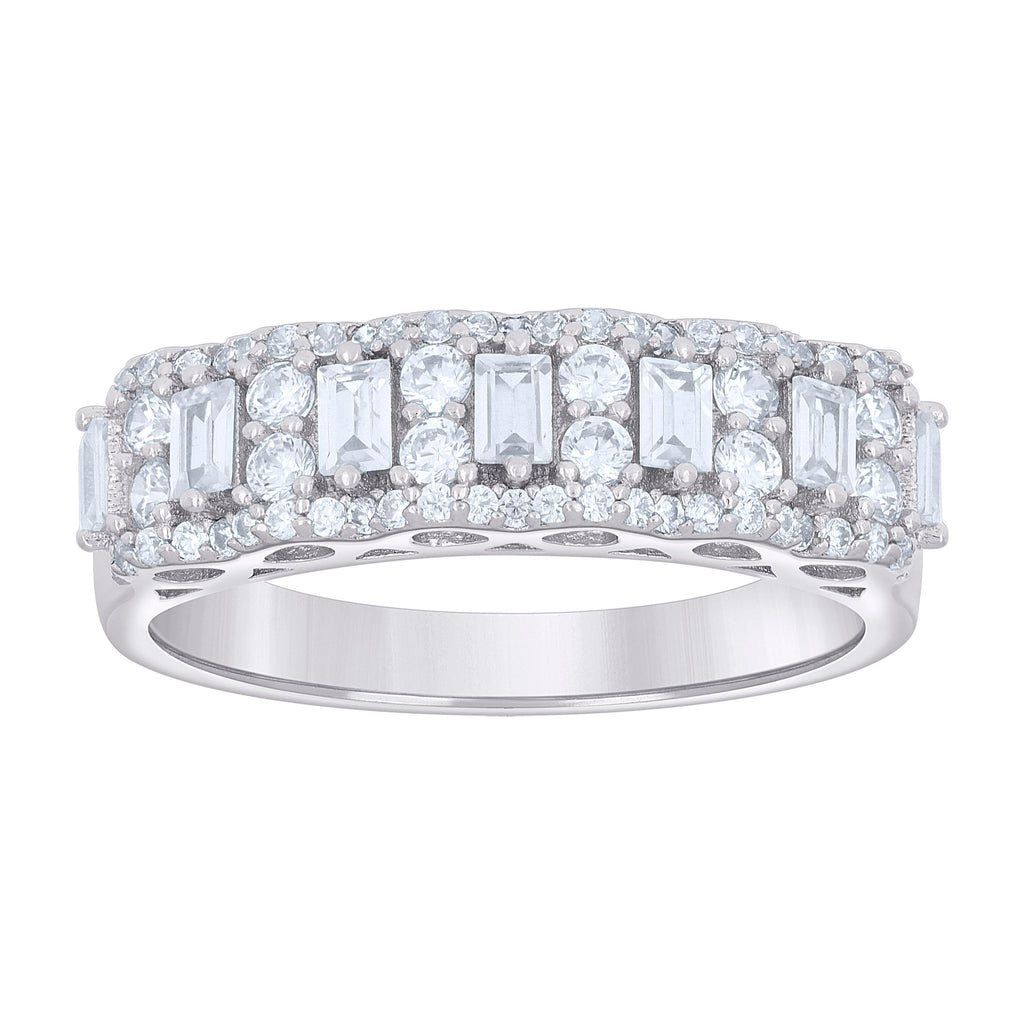 925 Sterling Silver Womens Baguette Round Cubic-Zirconia Fashion Wedding Band Ring Size 5