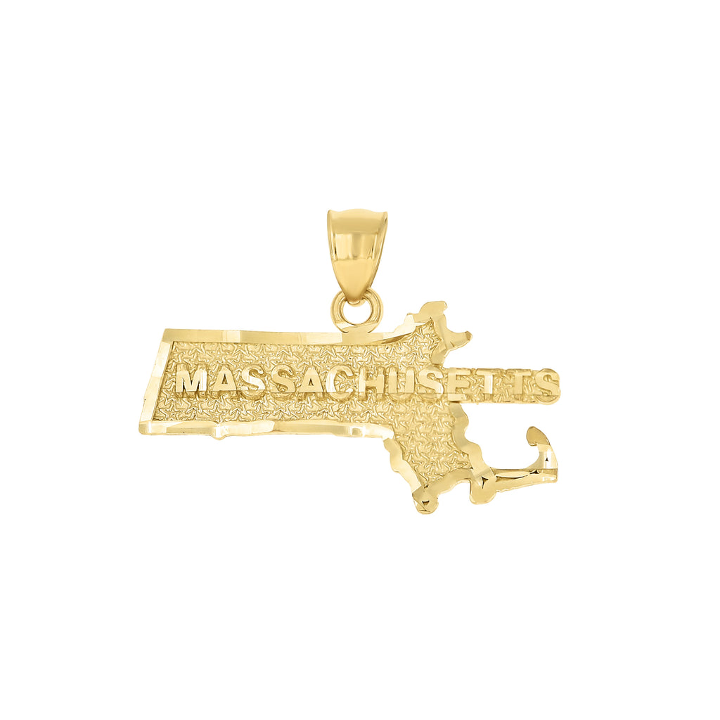 10K Yellow Gold Mens Textured Massachusetts State Map Charm Pendant